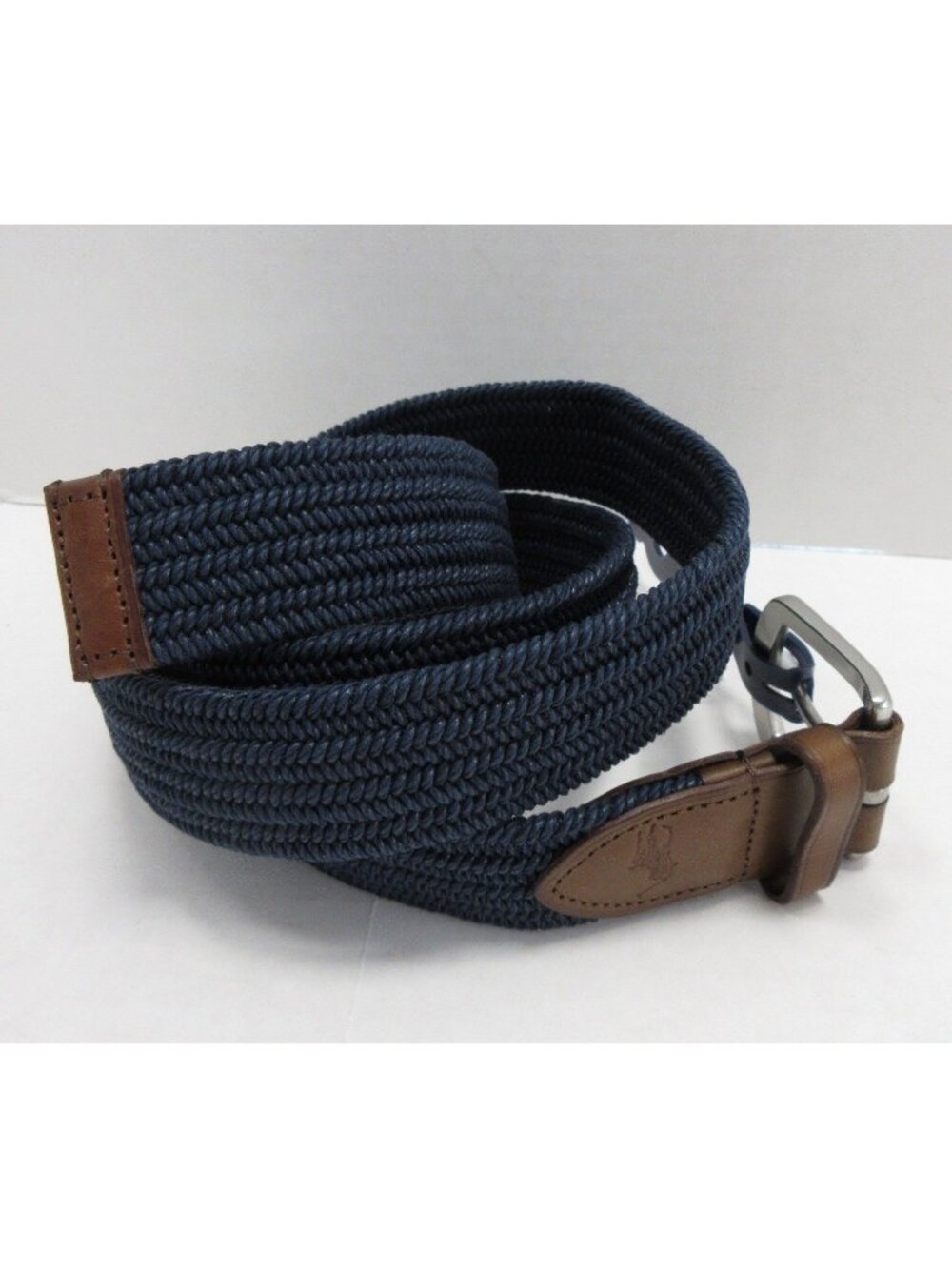 Polo Ralph Lauren Belt XL Navy Braided Canvas Woven Leather Trim Pony